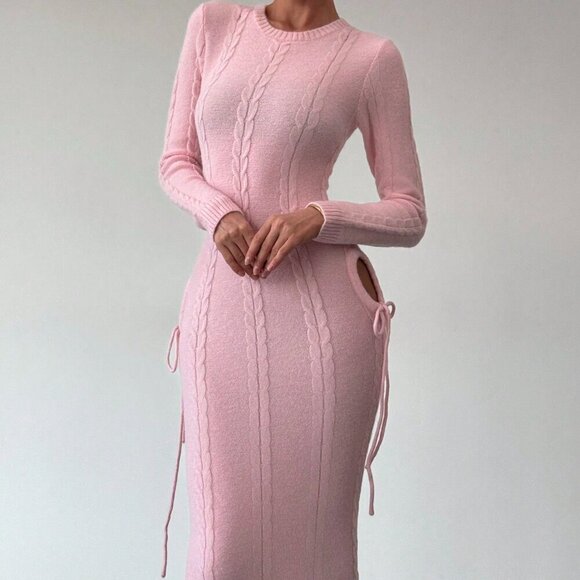Pink Elegant Women's Warm Cinched Waist Knitted Dress - Picture 4 of 8